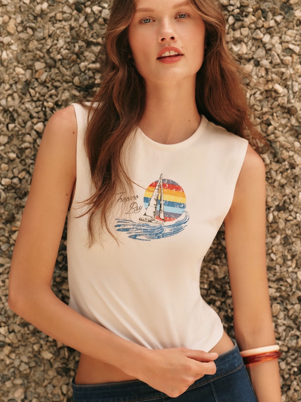 Celandine Anthropologie Cream Sleeveless Tank Top with Retro Sail Graphic XL NWT